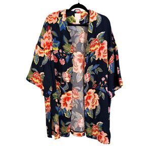 H&M Kimono Cover Up Womens S Blue Floral Open Front Boho Tropical Hawaiian Beach